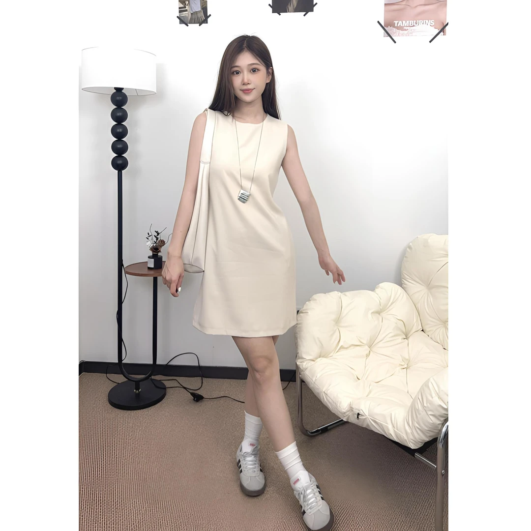 慵懒感气质百搭亚麻微宽松无袖纯色连衣裙