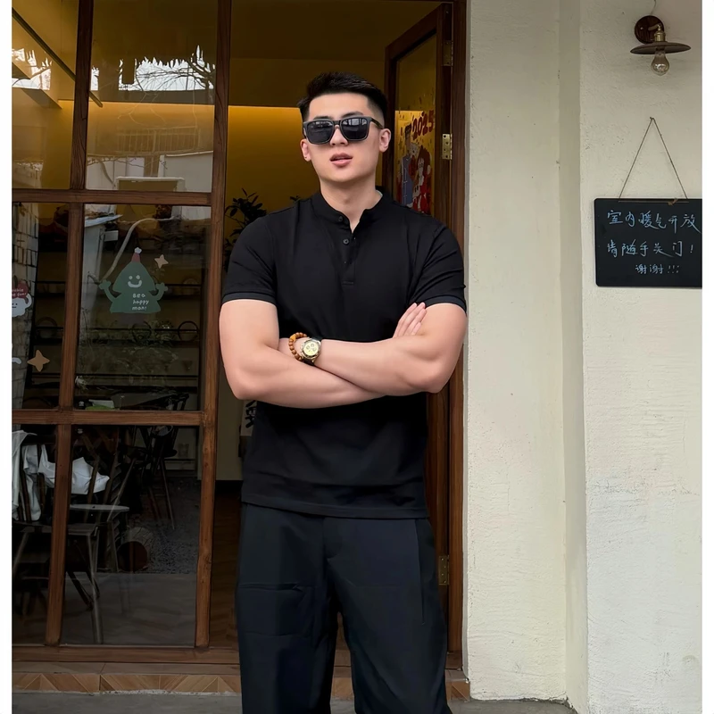 美式简约硬汉中式亨利领Polo衫男珠地棉透气短袖t恤英伦雅痞男装
