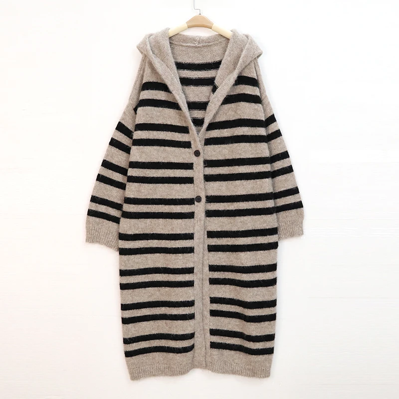 中长款连帽条纹毛衣外套秋冬新款慵懒风休闲百搭长袖显瘦针织开衫
