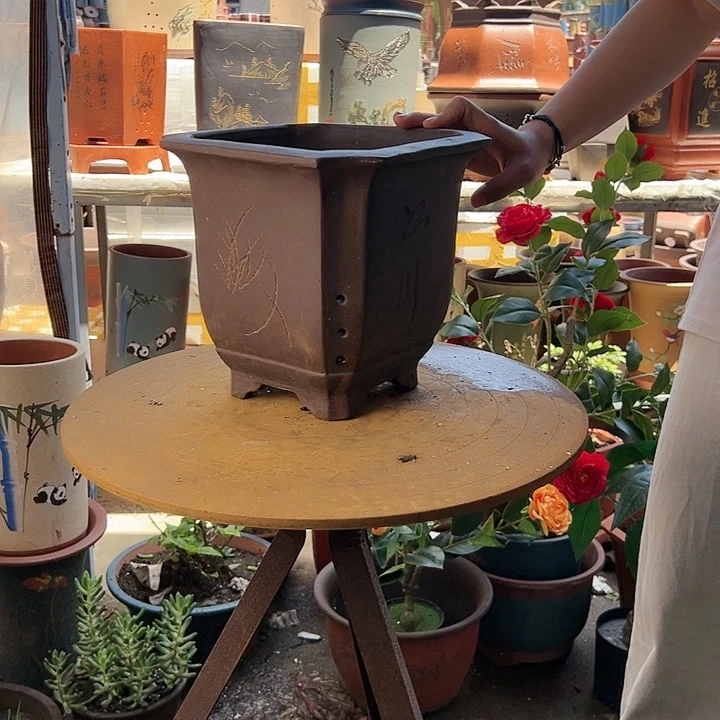 宜兴紫砂花盆23切角四方