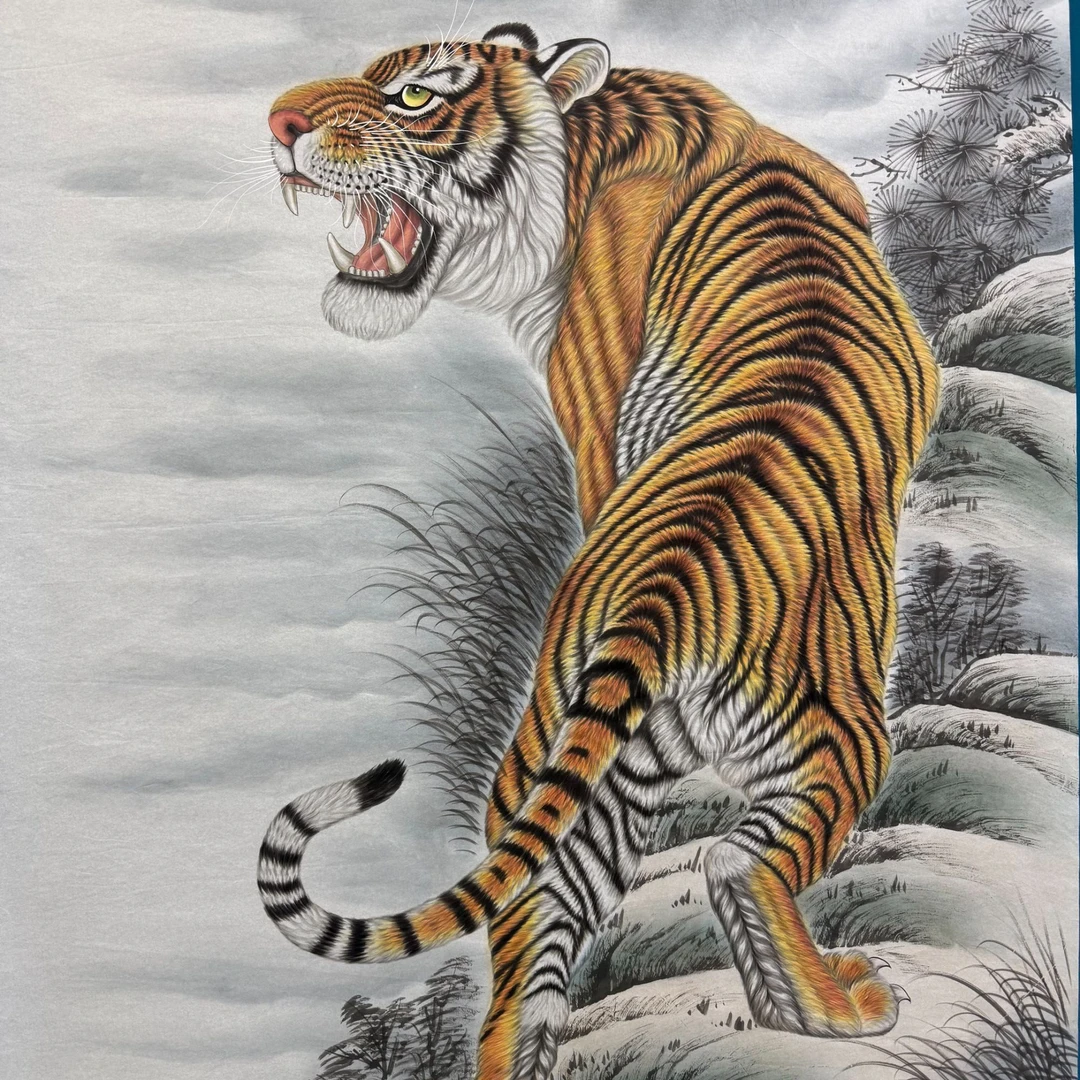 中国画精品工笔上山老虎画手绘国画书画1.8米x1米尺寸