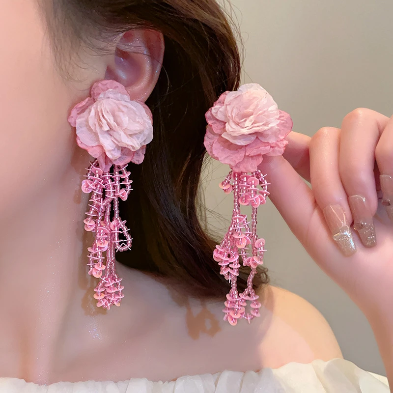 非金属布艺耳饰 粉色玫瑰花朵流苏耳环小众气质春夏度假风耳钉647