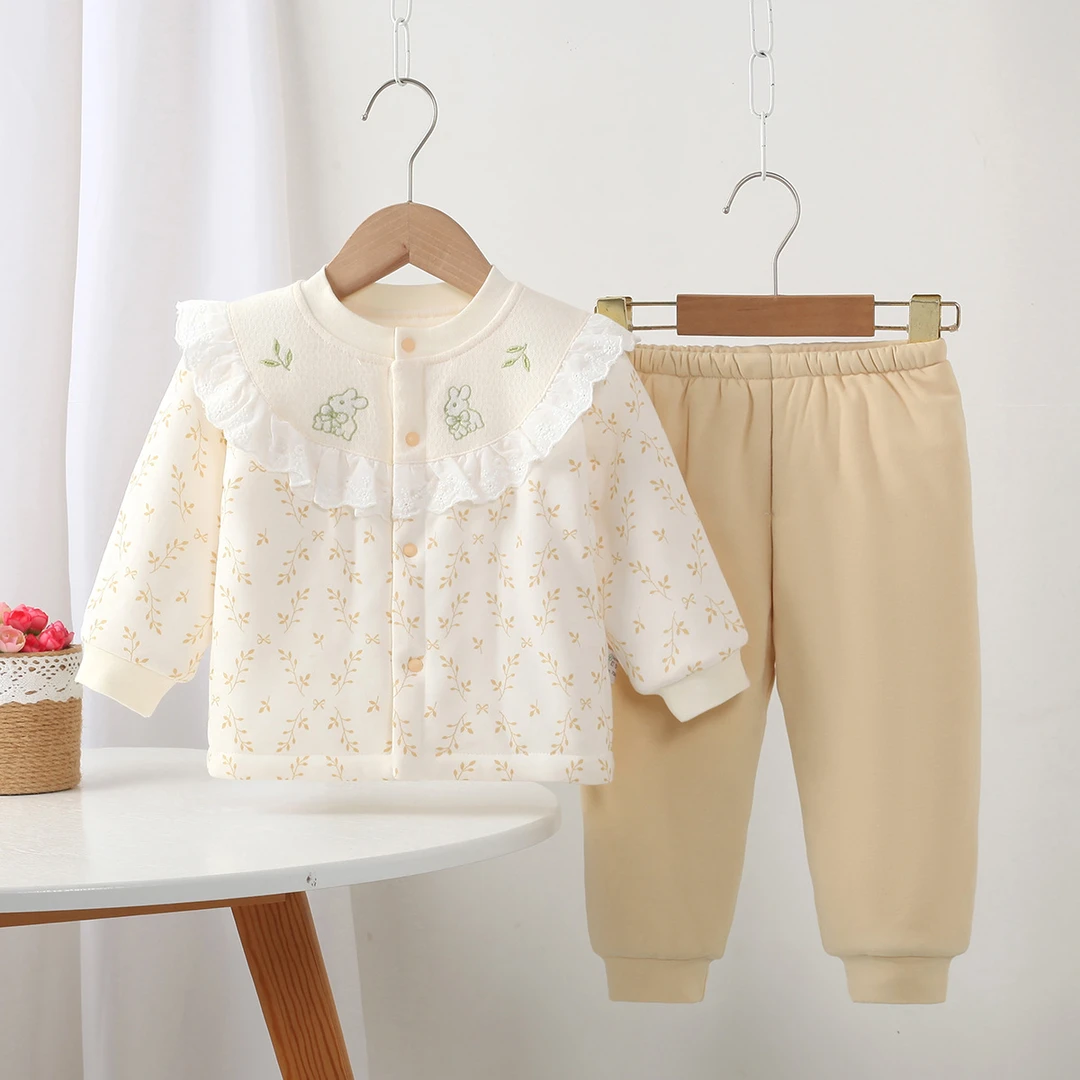 婴幼儿衣服秋装新生女宝宝分体套装公主满月百天外出服120克加棉