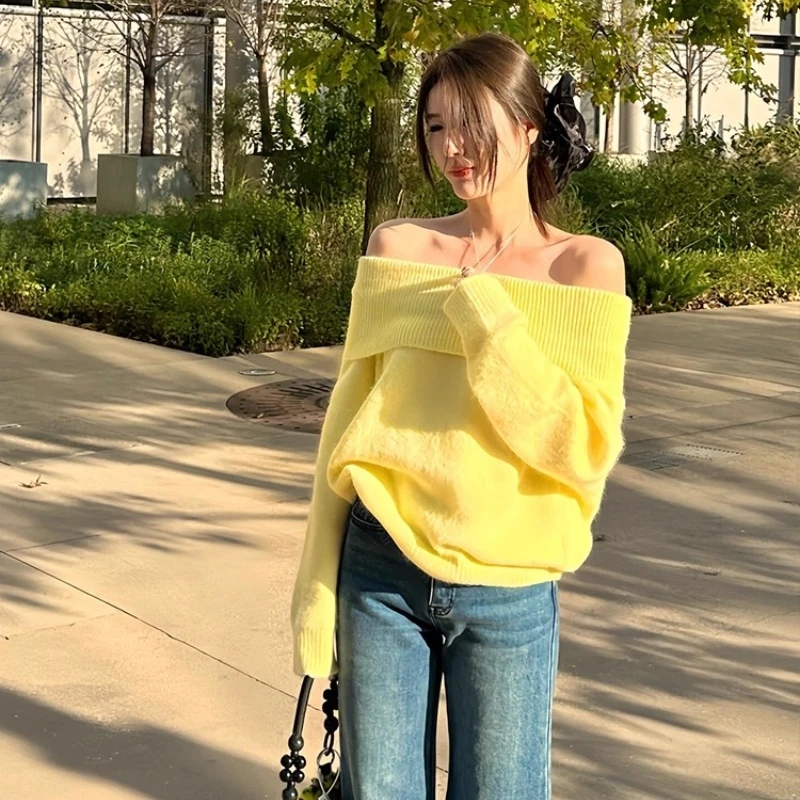 小众不规则黄色一字领内搭毛衣女装秋冬新款高级感宽松针织衫上衣