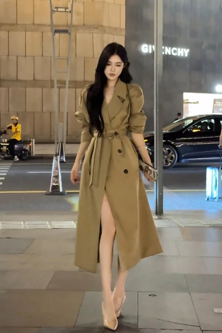 2025秋季新款卡其色长款韩版H型双排扣高级感大翻领风衣外套女