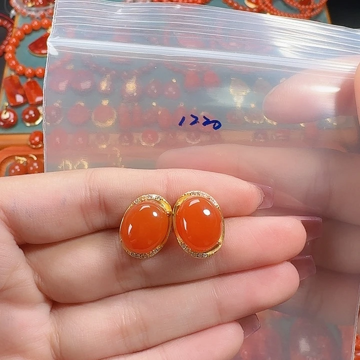 南红玛瑙银S925镶嵌耳饰