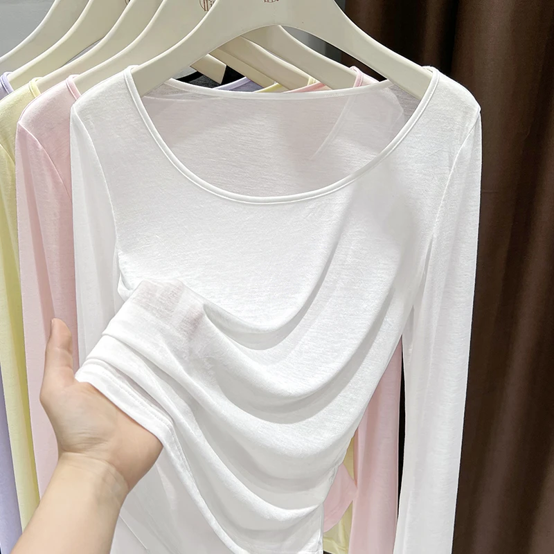 2025新款长袖U领设计感褶皱修身T恤上衣女微透薄款显瘦白色打底衫
