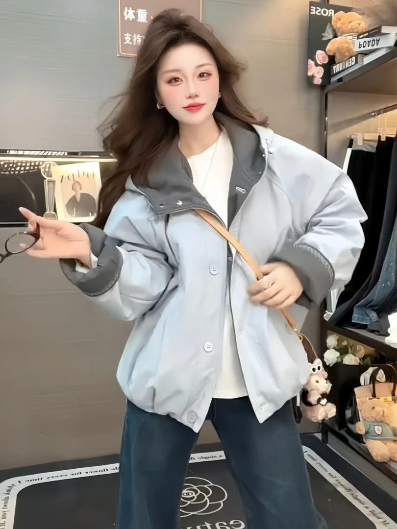 韩版连帽加绒加厚短款棉服女2025秋冬新款宽松百搭保暖棉衣外套潮