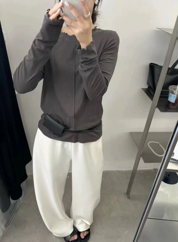 2025早秋新款简约时髦基础百搭修身显瘦打底木耳边长袖T恤上衣女