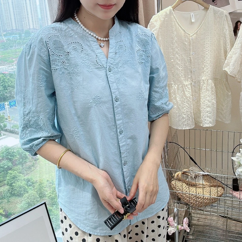 无品牌高端上衣奢华大牌镂空刺绣小V领衬衫女文艺百搭短袖衬衣#42