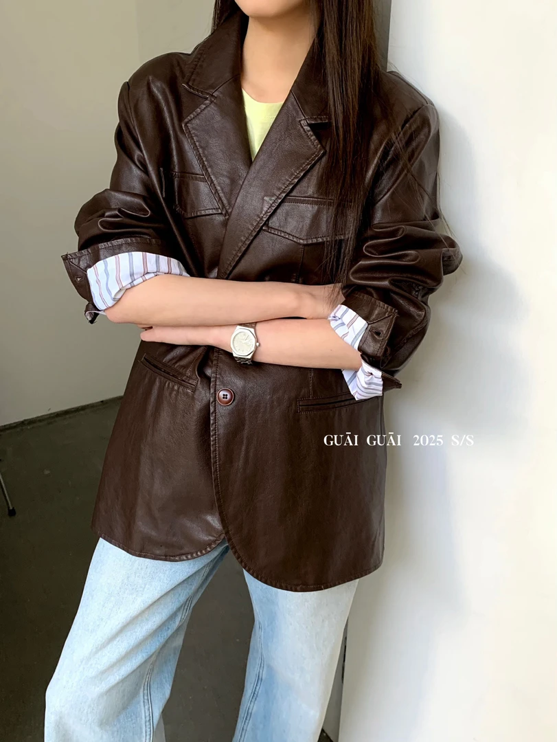 ZA#10571春季福利高品质皮西装外套，衣长：73cm