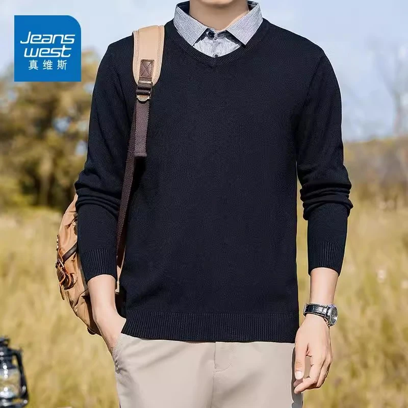 Jeanswest/真维斯男士假两件针织衫秋冬季修身休闲百搭衬衫领毛衣