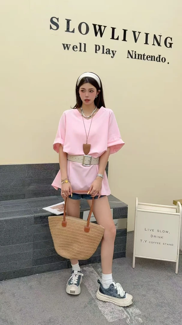 新款大版型擦肩V领净版T恤慵懒感大版遮屁股百搭显瘦半袖T恤8868