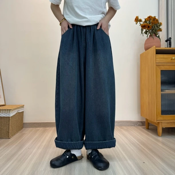 冬款宽松百搭显瘦加绒加厚松紧腰弯刀裤