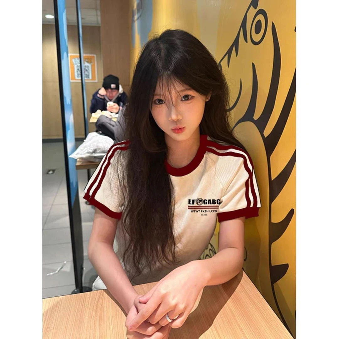 美式复古vintage撞色三条杠短袖t恤女夏季时尚百搭显瘦正肩上衣服