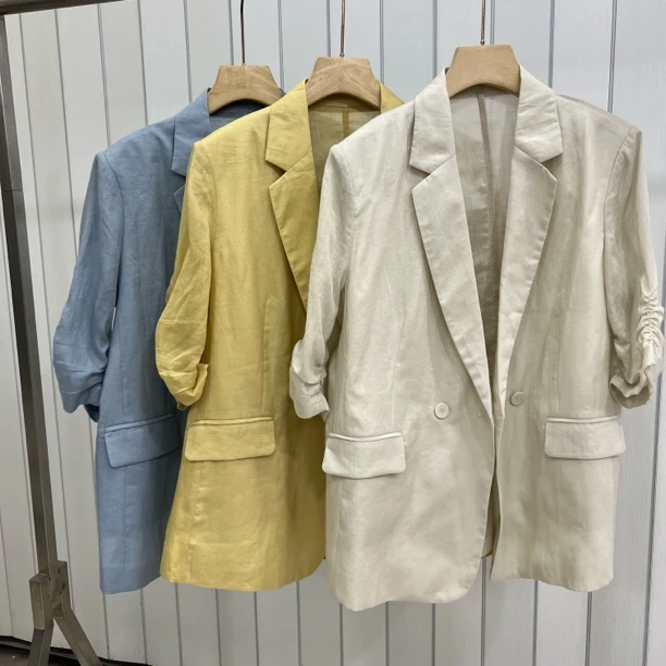 水木工芳2025新款韩系翻领双排扣显瘦苎麻中袖西装外套女9071