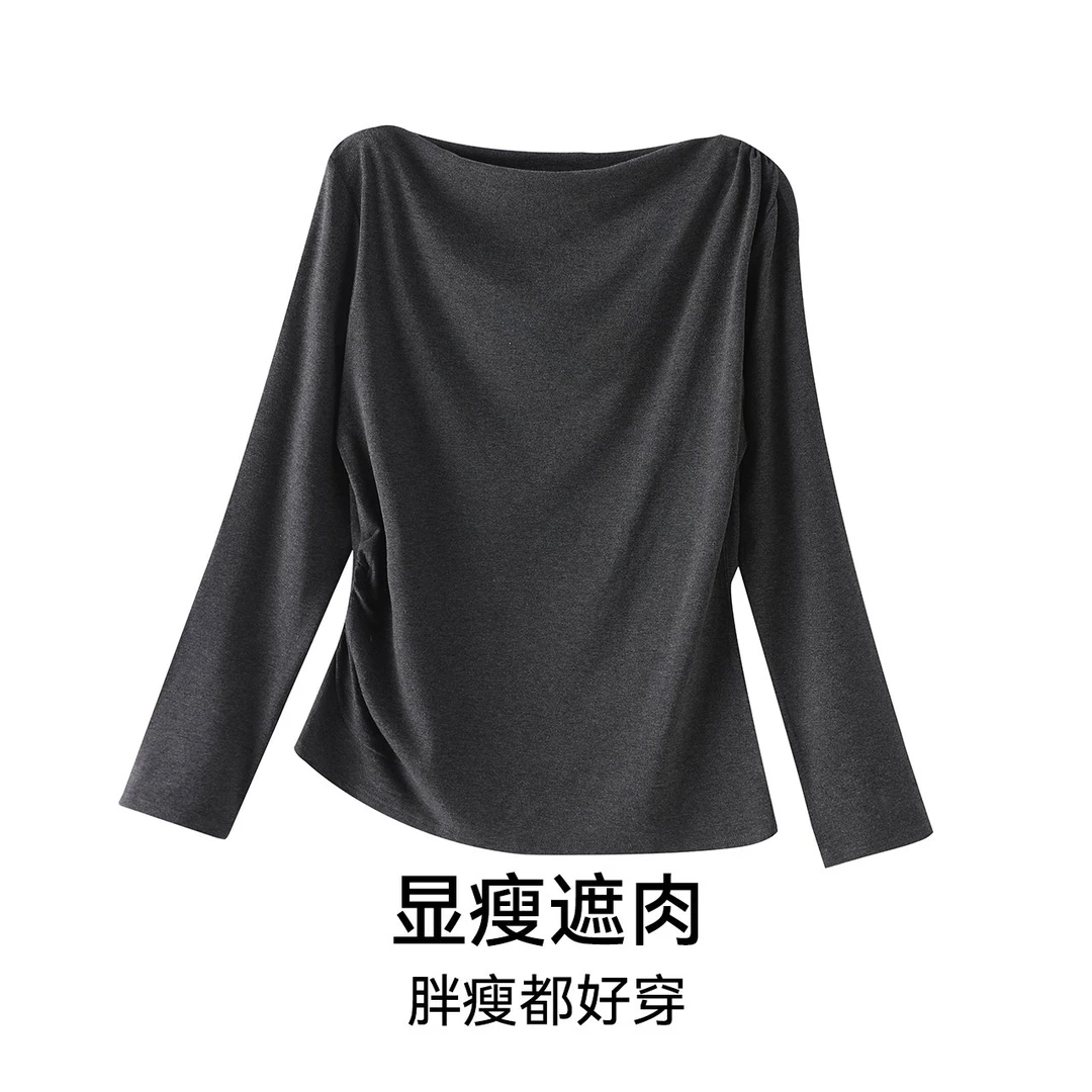 秋季一字领针织上衣气质优雅褶皱修身长袖垂感针织衫 C05Q11