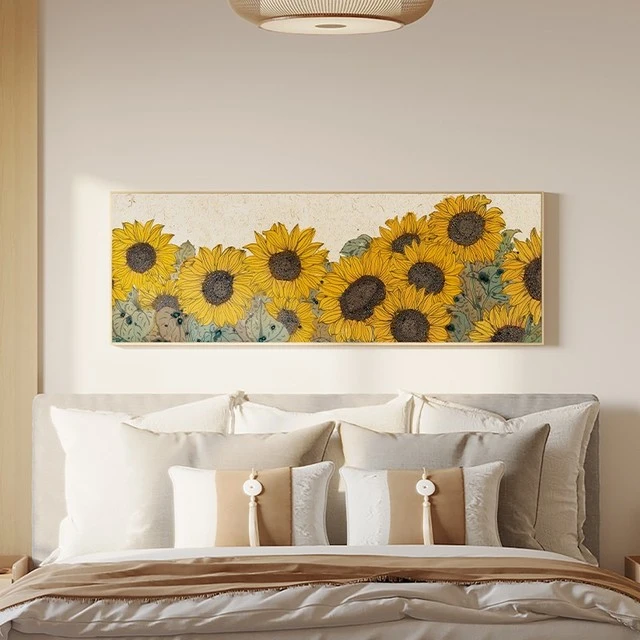 致韬新中式卧室装饰画原木风床头横幅挂画客厅长条向日葵壁画寓意