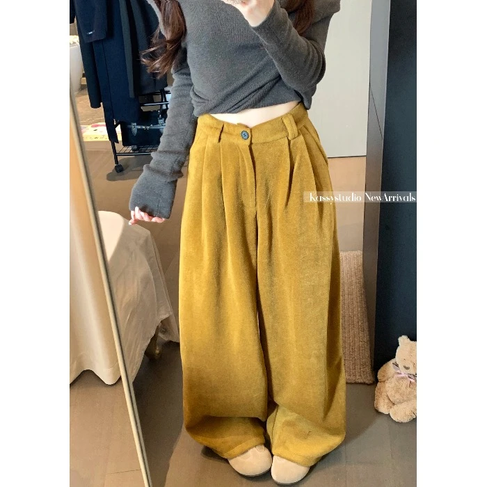 黄色灯芯绒休闲裤女秋冬百搭阔腿裤显瘦高腰毛呢拖地裤子直筒长裤
