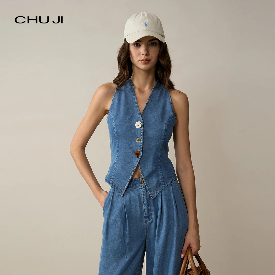Chuji/出迹复古蓝色无袖削肩阔腿裤时尚套装女夏两件套E1M2321W