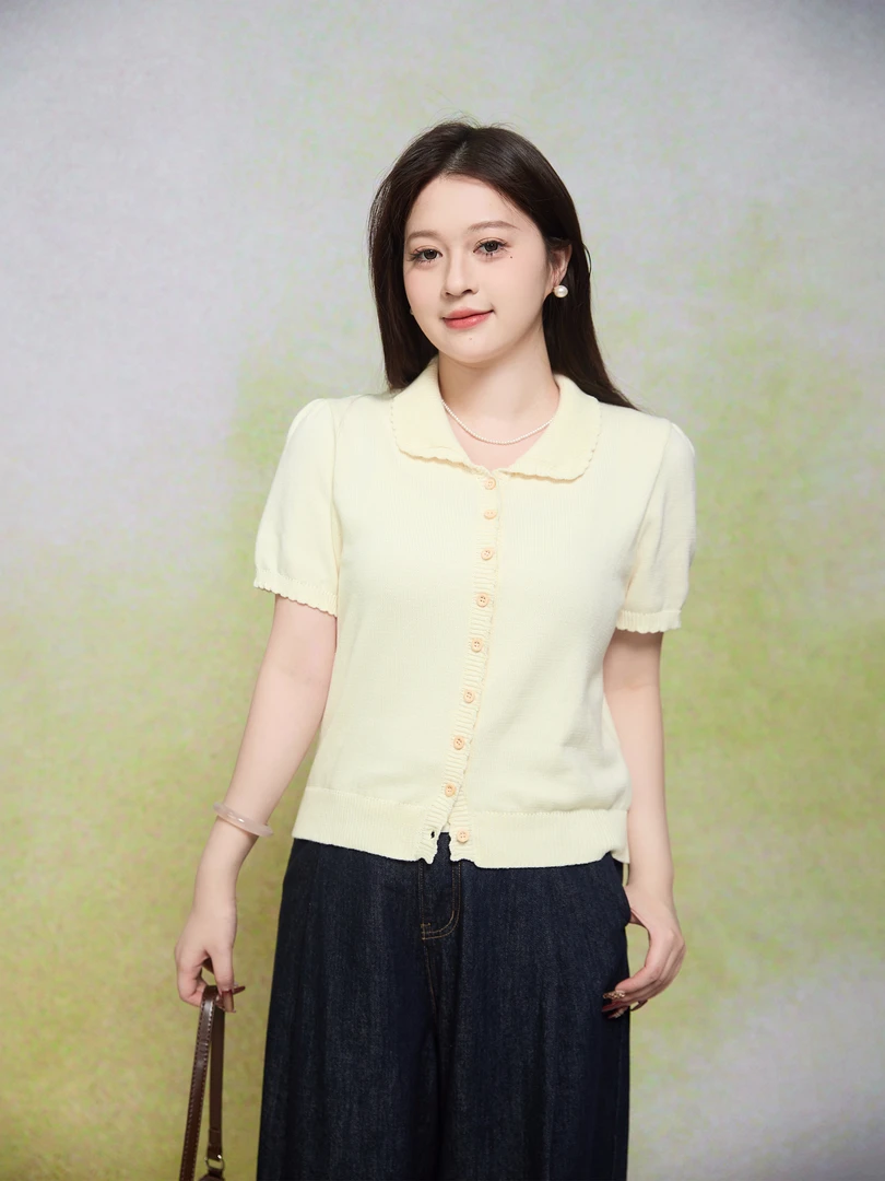 月半鱼【奶霜】娃娃领泡泡袖针织开衫女春2025新款修身纯棉短袖上衣