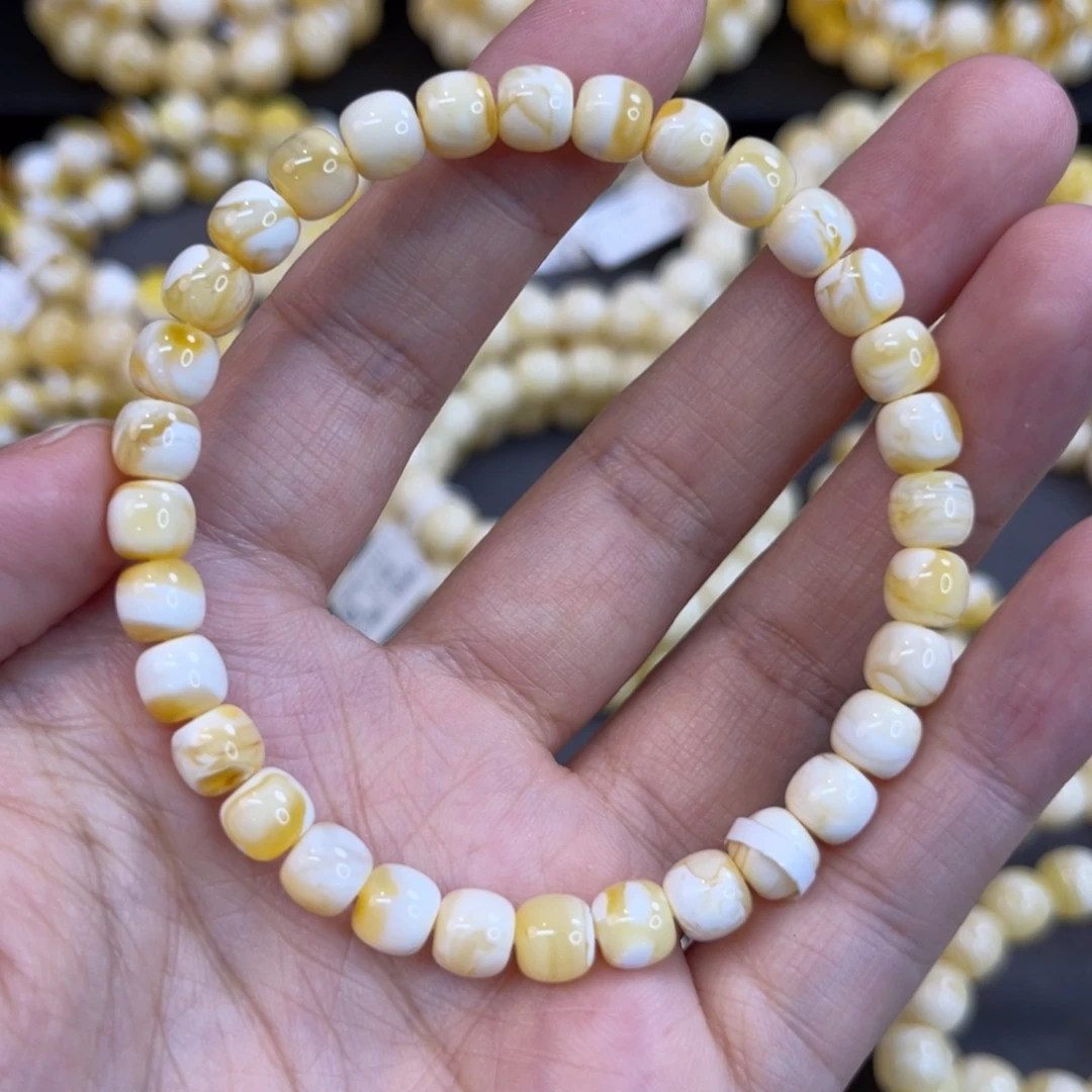 蜜蜡未镶嵌手链6.5mm瓷白沁色妖花
