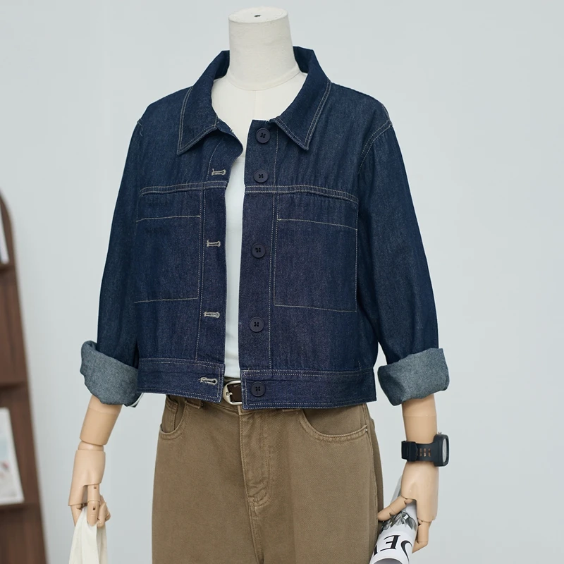 深蓝色复古双口袋休闲短款牛仔外套夹克春季新款时尚百搭显瘦上衣
