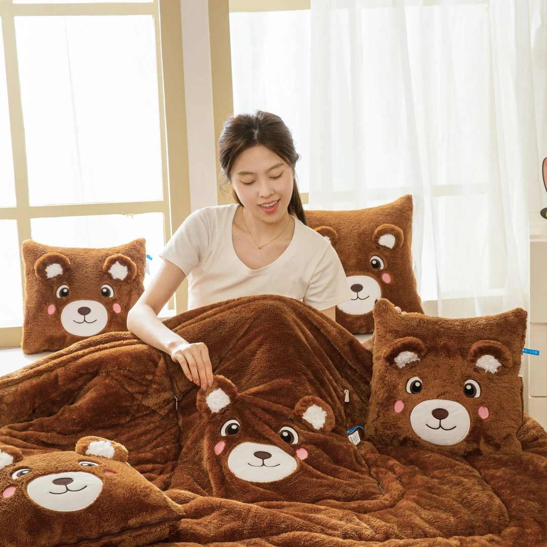 入冬神器【长毛棕色大脸熊】折叠抱枕被两用多功能车载二合一抱枕被