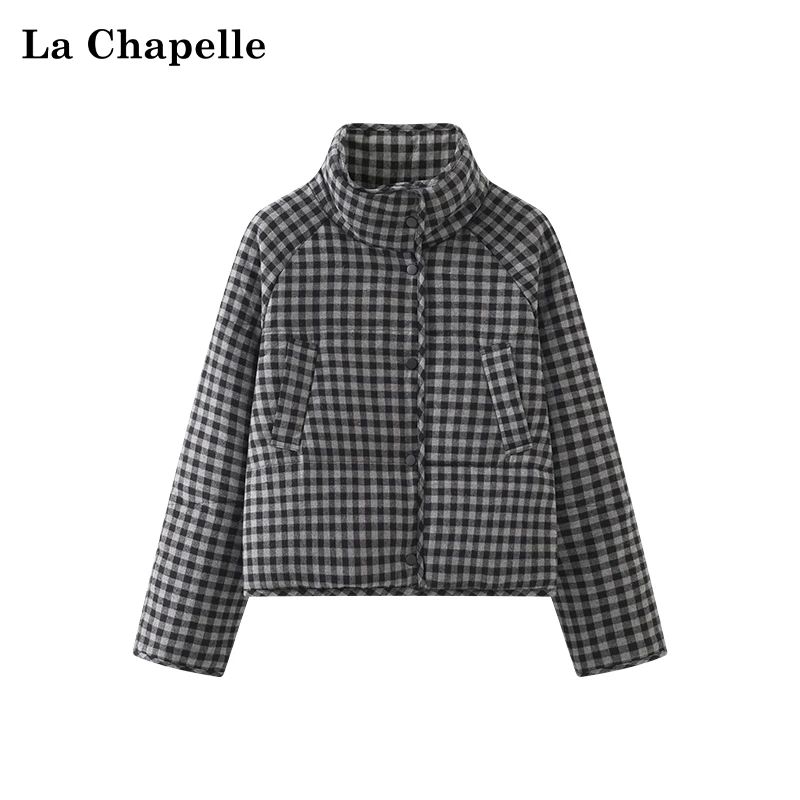 拉夏贝尔立领格子拉链抽绳白鸭绒羽绒服短外套女冬季新款高级时尚