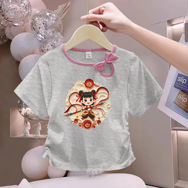 【哪吒】百搭时尚T恤夏季洋气新款韩版童装女童印花褶皱短袖上衣