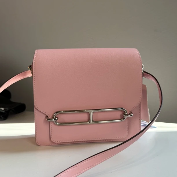 99新 Hermes/爱马仕 拆单猪鼻子19mini roulis樱花粉z刻斜挎包