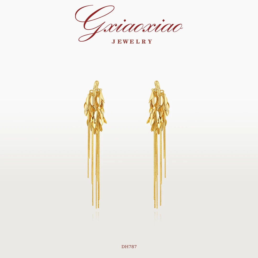 G XIAOXIAO 镀K金 气质复古设计款金色叶流苏耳环 DH787