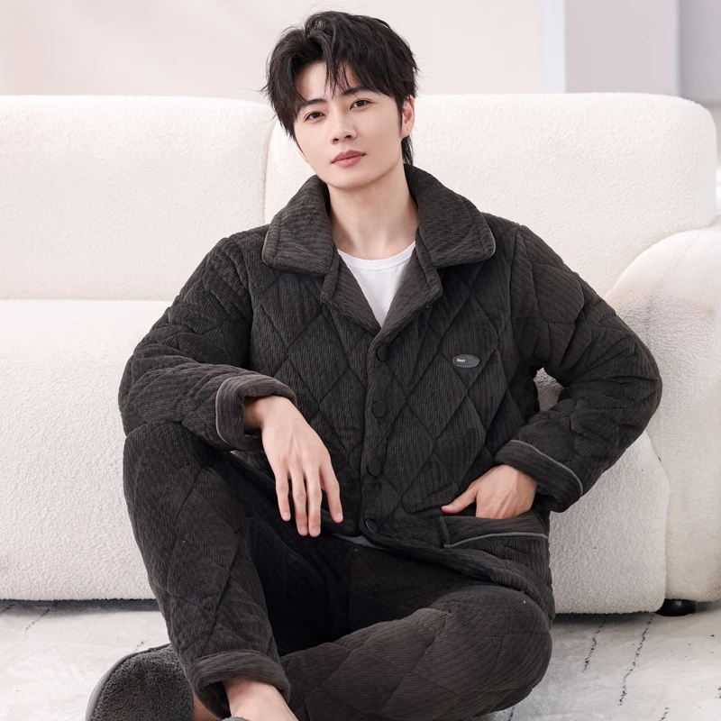 特厚睡衣男冬季加厚加绒三层夹棉胖子加肥大码5X家居服保暖套装男
