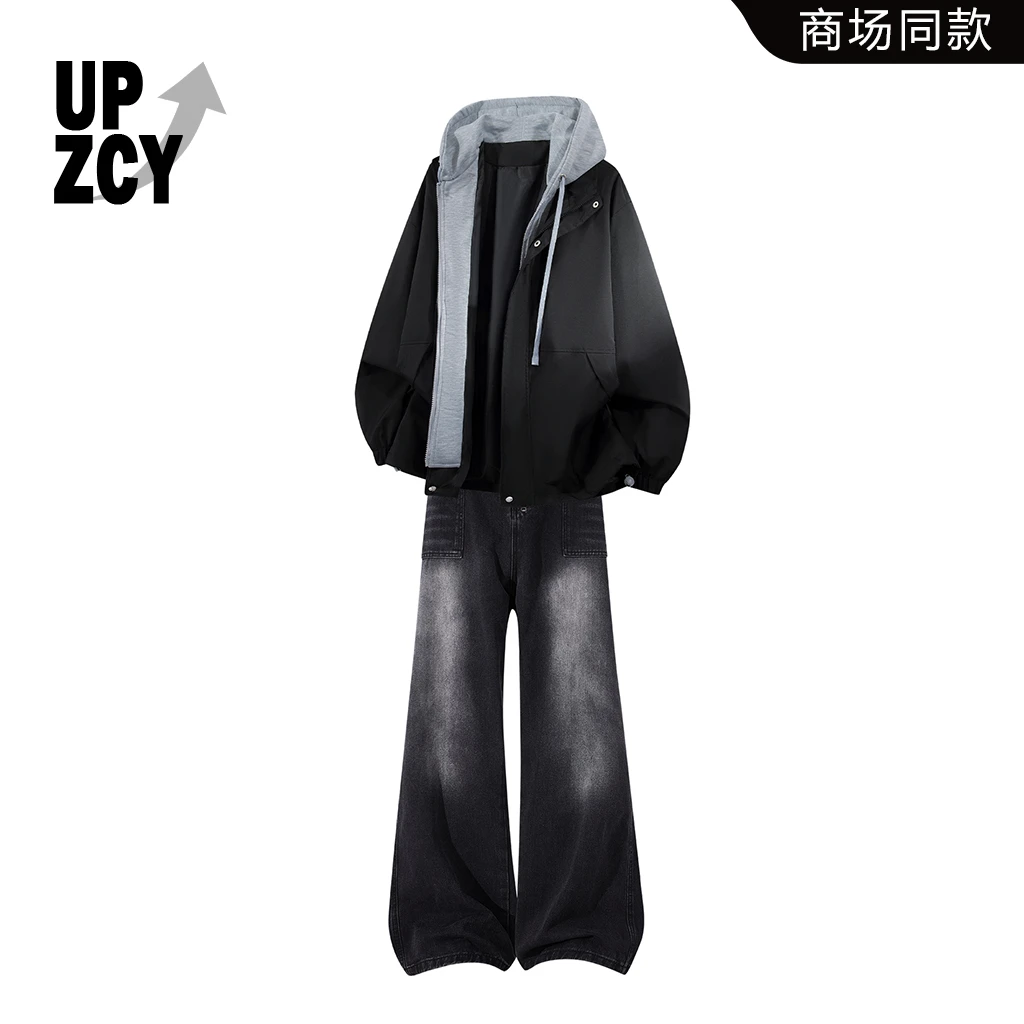 UPZCY美式潮流痞帅感棉服套装男冬季新款水洗做旧高街牛仔裤套装