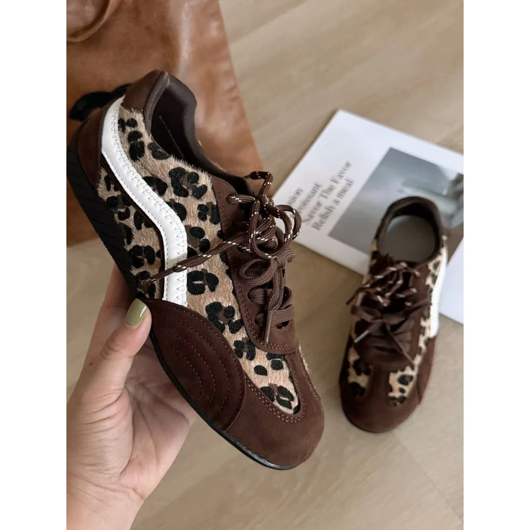 SP 豹纹复古德训鞋女秋冬新款超火百搭休闲鞋赛车鞋内增高3cm