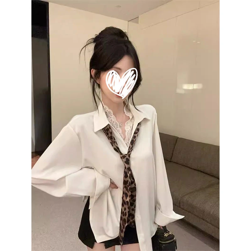 现~法式挂脖豹纹丝巾衬衫女秋款设计感蕾丝拼接翻领衬衣绑带上衣