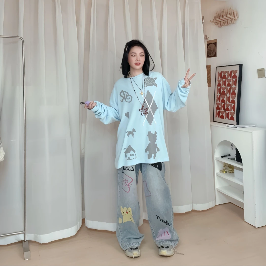 Oo0FYang短款花边条纹衬衫上衣涂鸦牛仔长裤