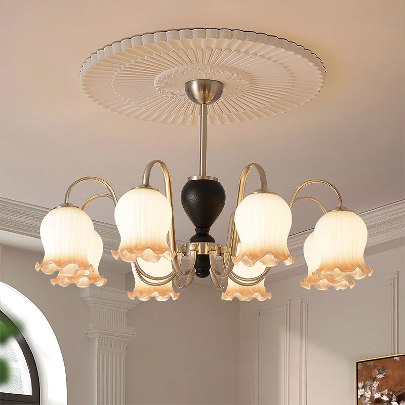 法式中古风客厅奢华吊灯铃兰花复古餐厅卧室灯美式高档花朵玻璃灯