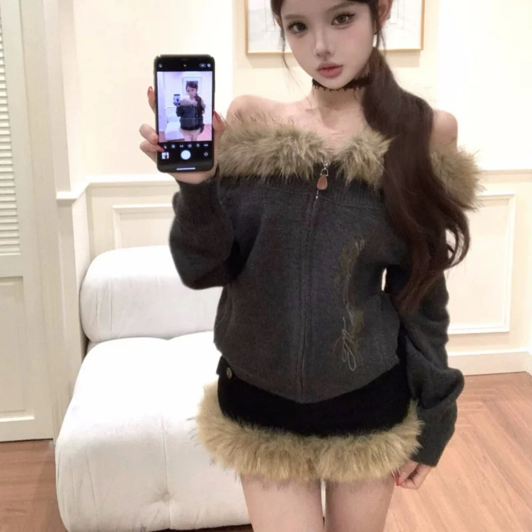 YWY【祁山明栗子】一字肩毛衣复古美式上衣辣妹穿搭复古针织衫6010