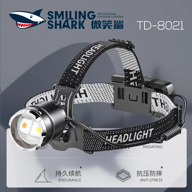 M微笑鲨爆亮M80感应头灯黄白双激光可变焦户外远射钓鱼专用