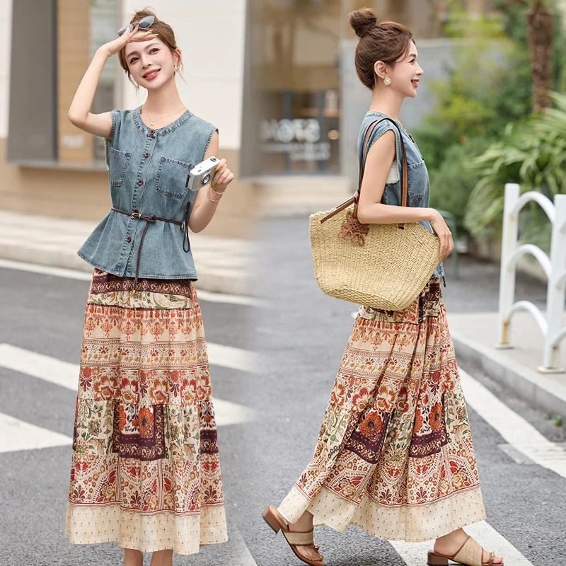 氛围感套装裙夏季女2025新款单排扣收腰牛仔马甲印花半身裙两件套