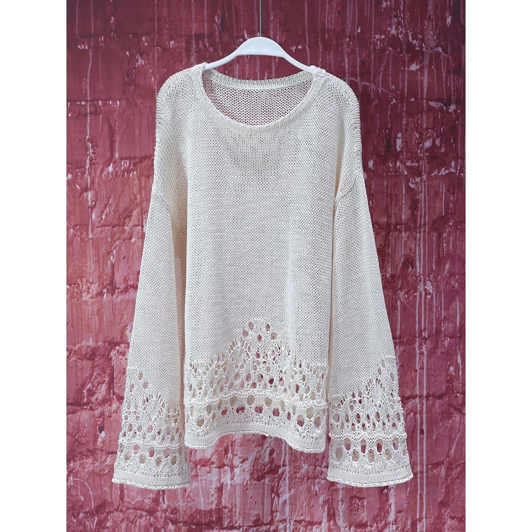 【韩哥女装】设计师高定欧货小众米杏色勾花镂空针织衫7153A