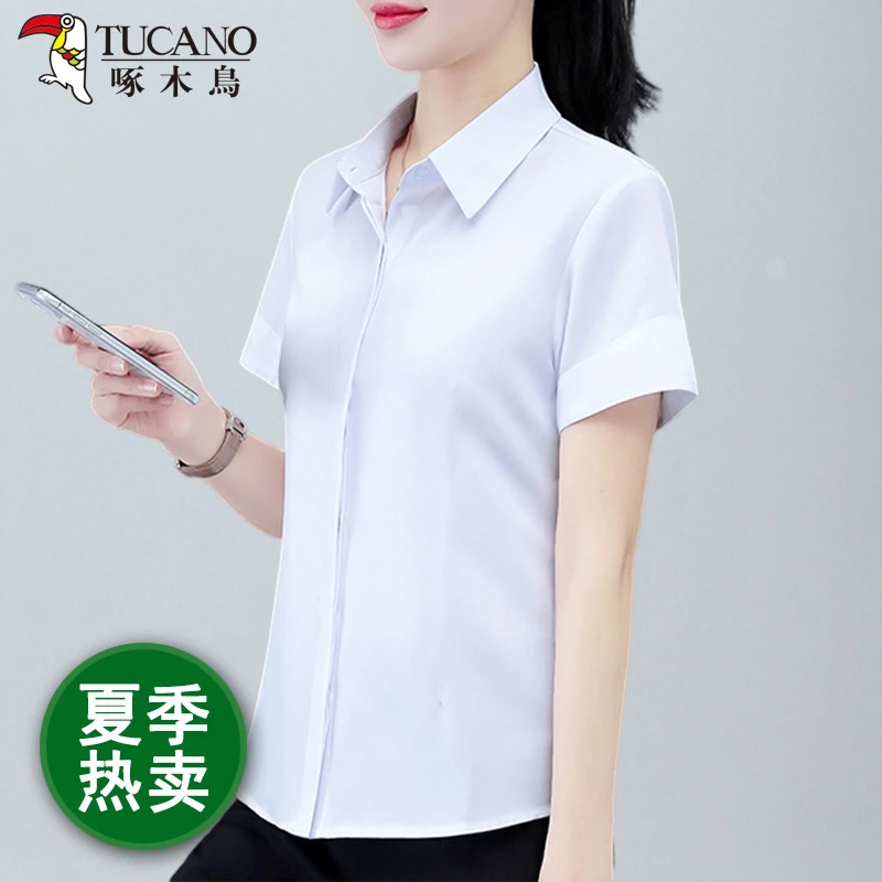 啄木鸟白色洋气衬衣休闲上衣韩版百搭纯色翻领短袖职业衬衫女