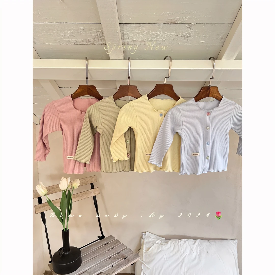 NIMO【冰淇淋】韩版春款宝宝纯色棉布坑条经典百搭排扣长袖外套