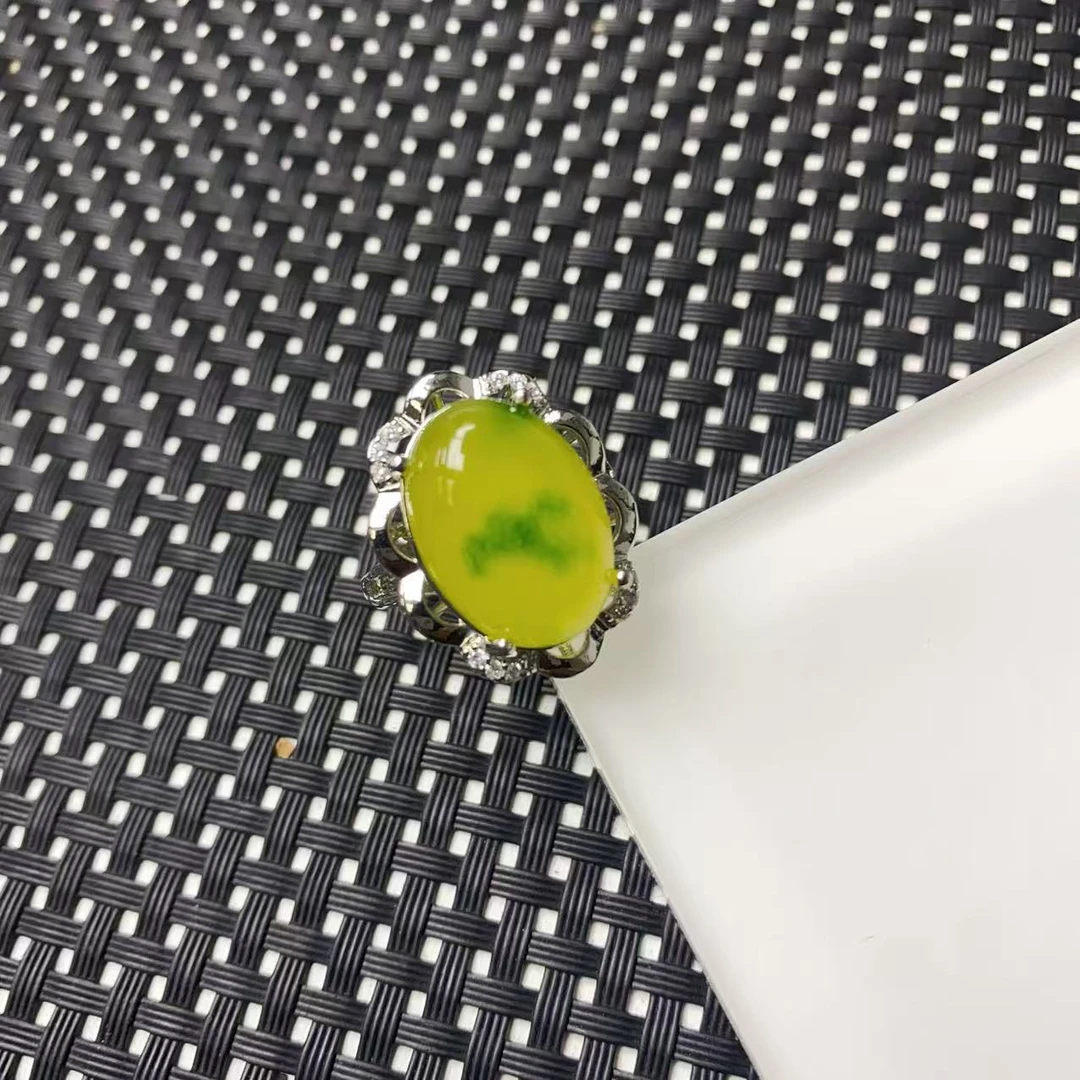 [石矿]A1074黄加绿花边蛋面戒指