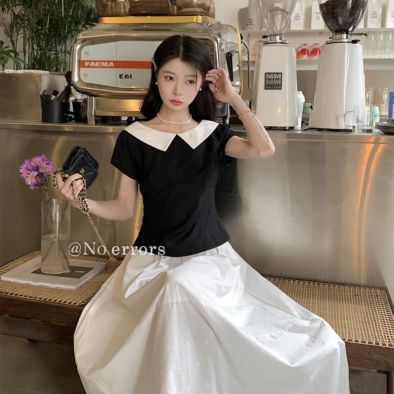 现货不出错 No errors优雅气质赫本风翻领撞色贵气上衣 B625Z0661