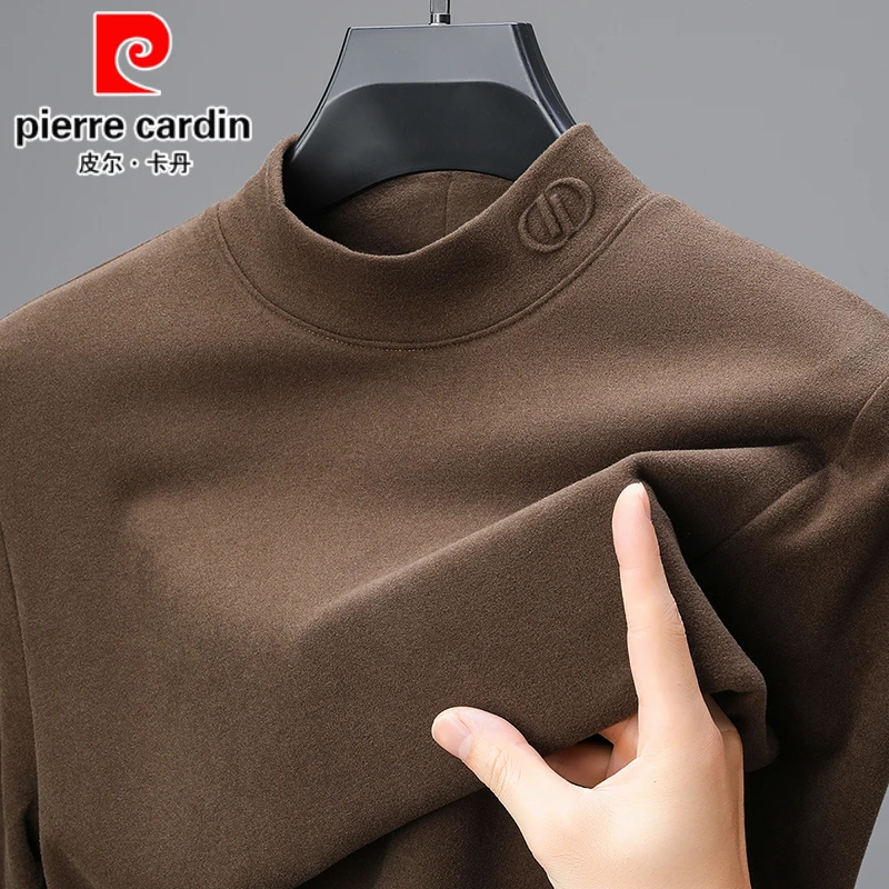 皮尔卡丹轻奢德绒长袖t恤男士秋冬季保暖亲肤双面绒半高领打底衫
