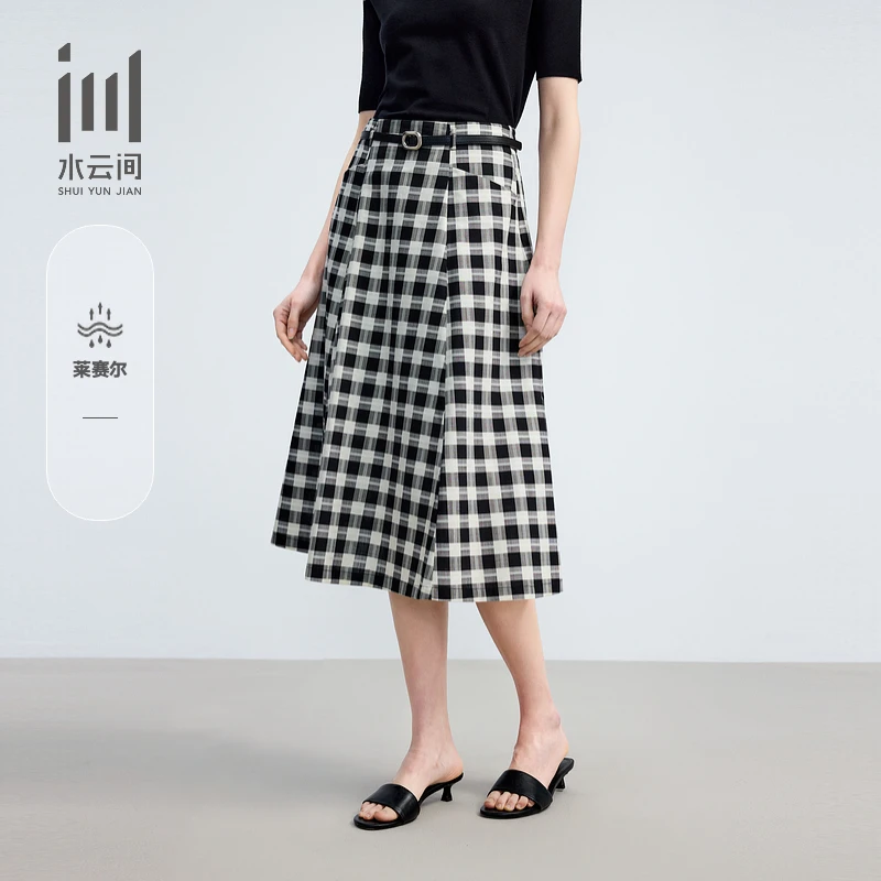 水云间女装高腰棋盘格口袋设计半身裙附腰带2025夏新款12520802