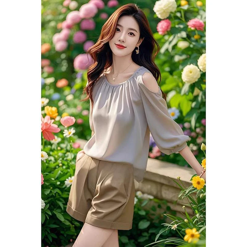 仙气飘飘露肩设计感灰色雪纺衬衫显瘦宽松七分袖气质小上衣女夏季