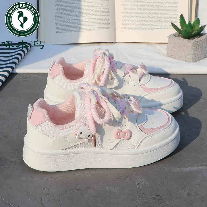 啄木鸟2025夏季新款小白鞋女透气网面厚底圆头可爱运动休闲板鞋子